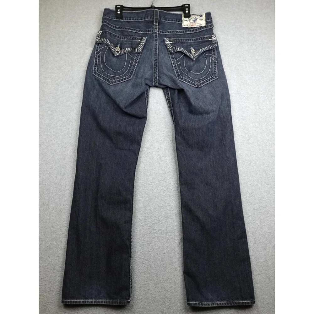 True Religion Straight Jeans Mens 34 Blue Medium Wash Flap Pockets White Stitch